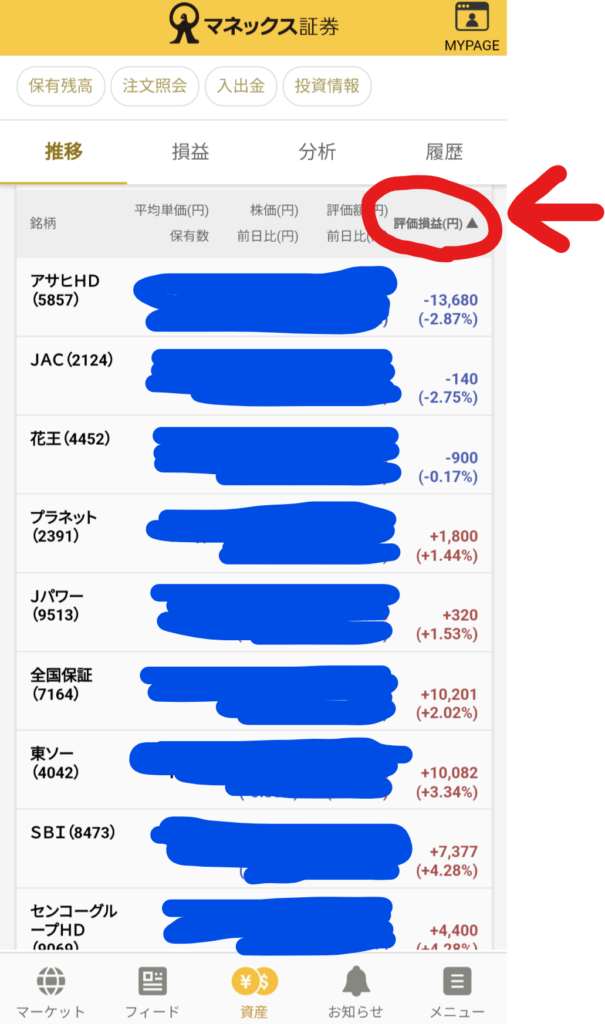 マネックス証券アプリ　資産の例
